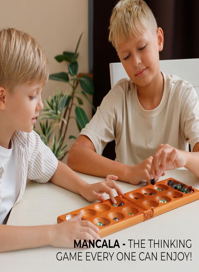 Queensell Mancala Board Game with Magnetic Lock - Classic 2-Player Folding Game - Wooden Mancala Set with 56 Glass Pebbles - Mancala Game for Kids and Adults - Image 4